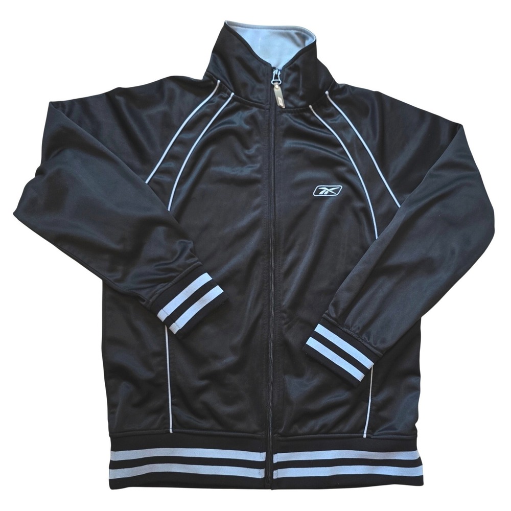 Vintage Y2K Reebok Womens M Black Track Jacket Blue Piping Full Zip 2000s